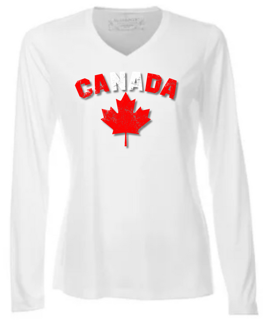 Vintage Canada Maple Leaf Ladies Long Sleeve Tee - White