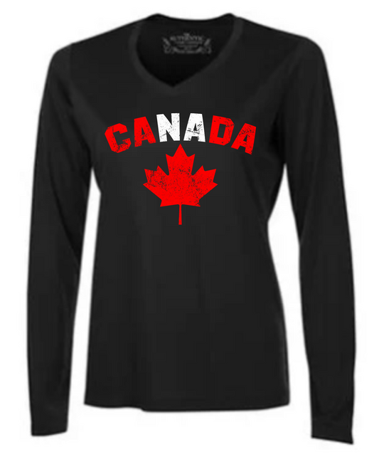 Vintage Canada Maple Leaf Ladies Long Sleeve Tee - Black